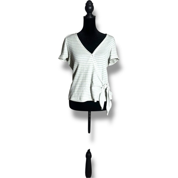 Copper Key V-Neck Short Sleeve Rib Knit Front Tie Green and White Striped Top - Picture 3 of 16